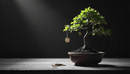 Bonsai tree adorned with coins symbolizing financial growthの写真素材