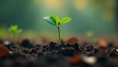Fragile seedling emerges from the rich earth towards sunlight