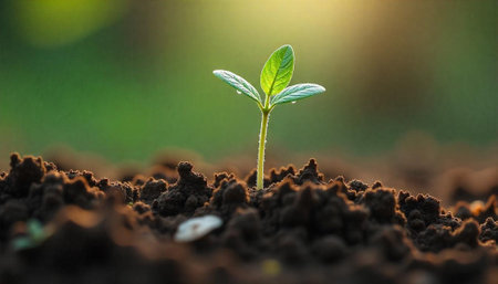 Single seedling sprouting from fertile soil in soft lightの写真素材