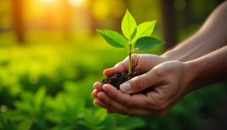 Hands holding a young plant in natural lightの写真素材
