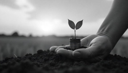 Hand holding coins with plant: investing in future growthの写真素材