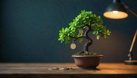 Bonsai tree with coins symbolizes financial growth and investmentの写真素材