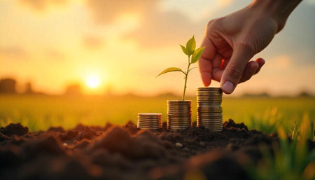 Seedling growing on money stacks at golden hour sunsetの写真素材