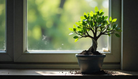 Bonsai tree on windowsill with blurred green backgroundの写真素材