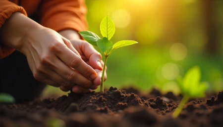 Hands Planting New Life Seedling in Fertile Soilの写真素材