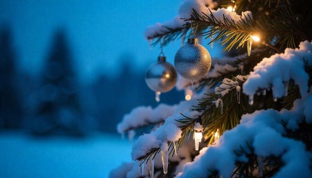 Snowy Christmas tree with ornaments and warm lightsの写真素材