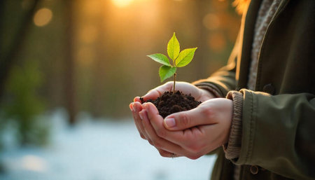 Hands holding a young plant with soil in sunlightの写真素材