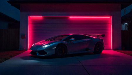 Sleek Lamborghini parked in driveway with neon lighting accent