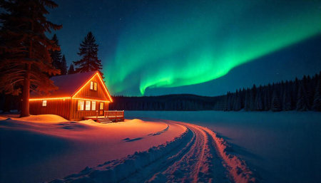 Winter cabin illuminated under the aurora borealis in the nightの写真素材
