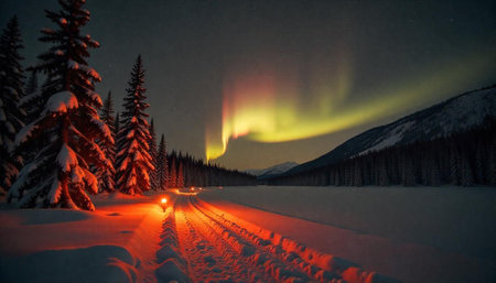 Winter wonderland scene: Northern lights over snowy landscape at nightの写真素材