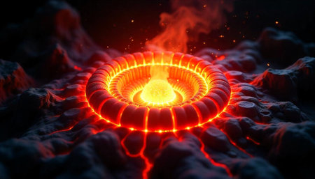 Abstract glowing sphere surrounded by ring on dark terrain