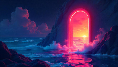 Neon portal with ocean view opens to vibrant sunset
