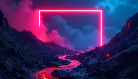 Neon rectangle over landscape with lava stream and cloudsの写真素材