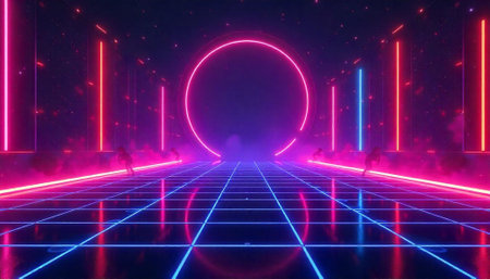Retro neon grid with circle and vertical lines