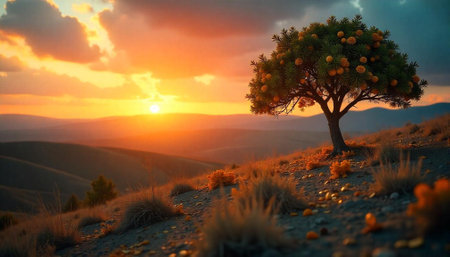 Tranquil sunset landscape with tree and rolling hillsの写真素材