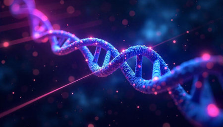 Abstract DNA structure with glowing particles in dark backdrop