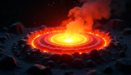Glowing crater radiating intense heat energy on a dark planet