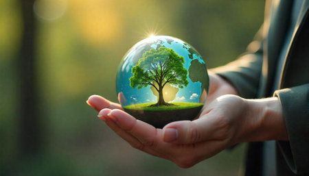 Person holding globe with a tree inside representing earth
