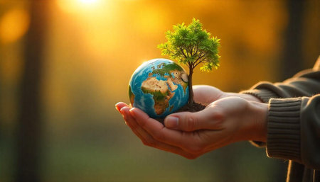 Hands holding globe with tree seedling against sunlit backgroundの写真素材