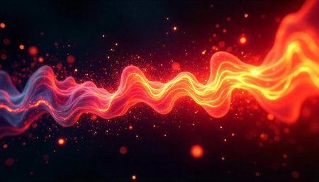 Abstract glowing wave with particles on dark backgroundの写真素材