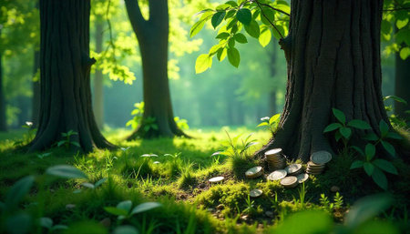 Coins nestled at base of tree in forestの写真素材