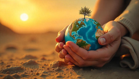 Caring hands hold Earth with tiny tree at sunset