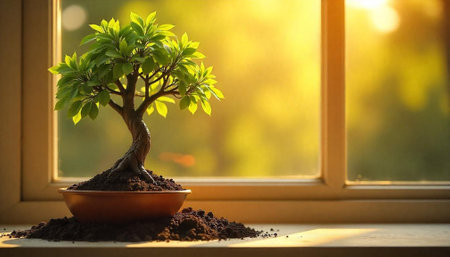 Bonsai tree on windowsill bathed in soft warm lightの写真素材