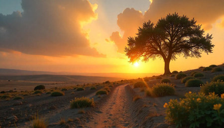 Lone tree silhouette against a vibrant sunset sky backgroundの写真素材