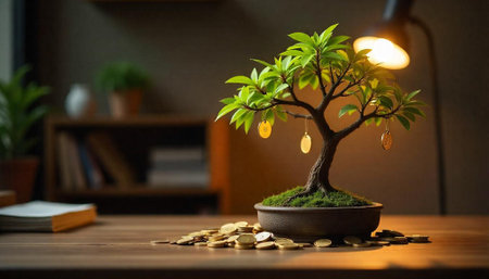 Bonsai tree with gold coins symbolizing financial growth metaphorの写真素材