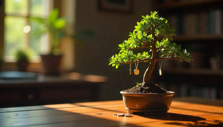Bonsai tree adorned with coins resting on wooden tableの写真素材