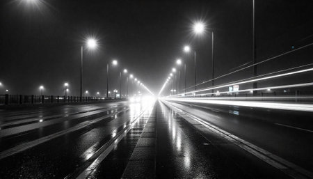 Long exposure on road at night with vehicle lightsの写真素材