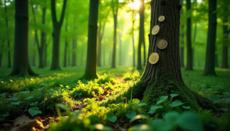 Sunlit forest with coins on mossy tree barkの写真素材