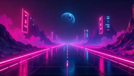 Neon road futuristic cityscape with a moon in the sky