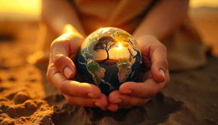 Protecting the Earth: Hands Holding Globe with Tree