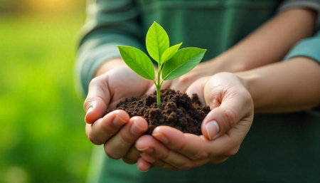 Hands holding small plant with soil in sunlight outdoorsの写真素材