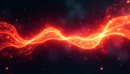 Abstract glowing wave on dark backdrop with sparkling particlesの写真素材