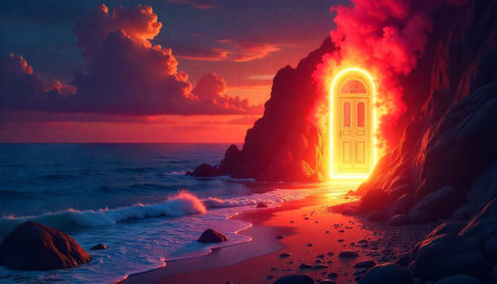 Surreal coastal scenery with glowing door at sunset