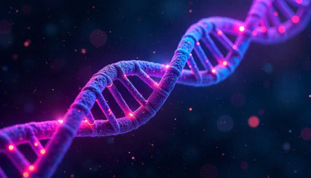 Abstract DNA strand with glowing pink elements in space