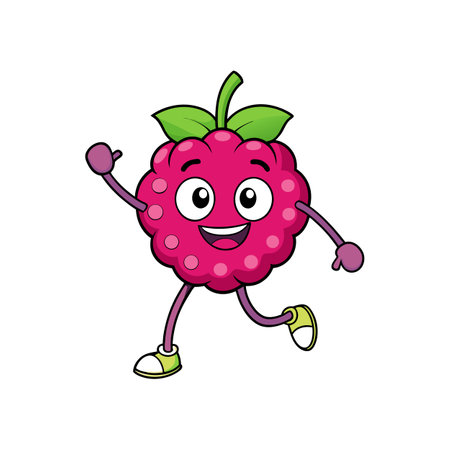 Cartoon raspberry character with smiling face and waving arm