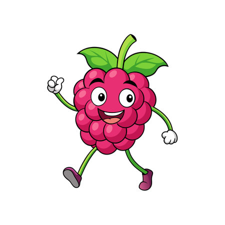 Cartoon raspberry character cheerfully walking against a white backgroundのイラスト素材