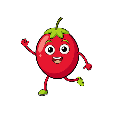 Cartoon tomato character waving arm and smiling cheerfullyのイラスト素材