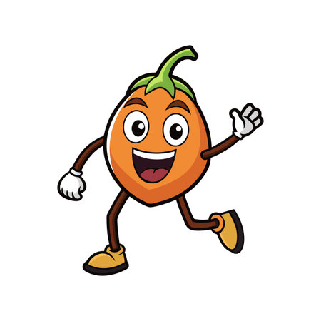 Cartoon apricot character running and waving with happy expressionのイラスト素材