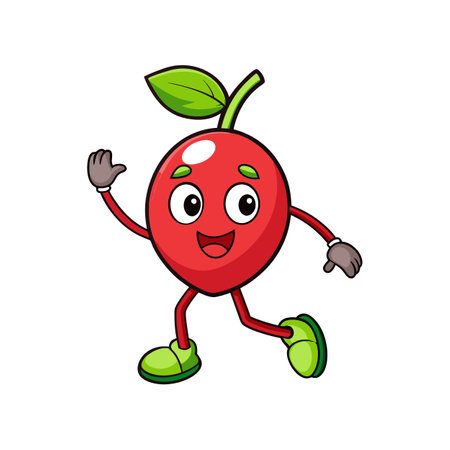 Cartoon cherry character waving hand and walking forward cheerfullyのイラスト素材