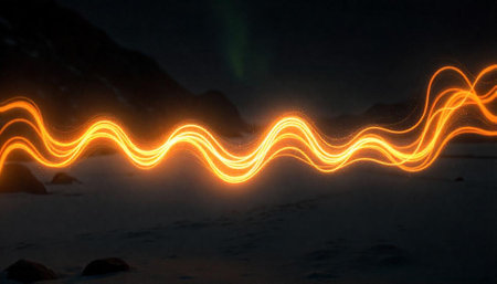 Abstract golden light wave over dark mountain landscape