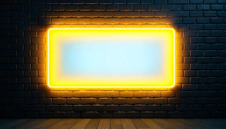 Glowing neon frame against a dark brick wall background