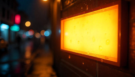 Illuminated sign on wet city street at nightの写真素材