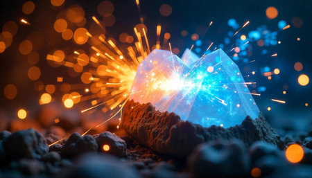 Glowing crystal formation with sparks on rocky terrain backdropの写真素材