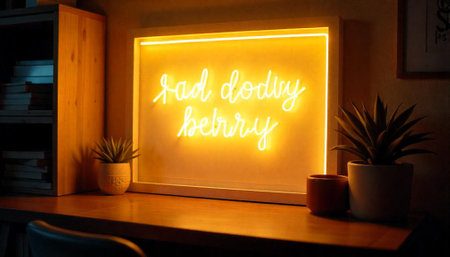 Warm toned home interior with neon sign and plantsの写真素材