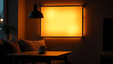 Cozy living room with ambient lighting and coffee table