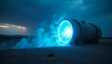 Futuristic portal experiment emitting blue lightning on a desert